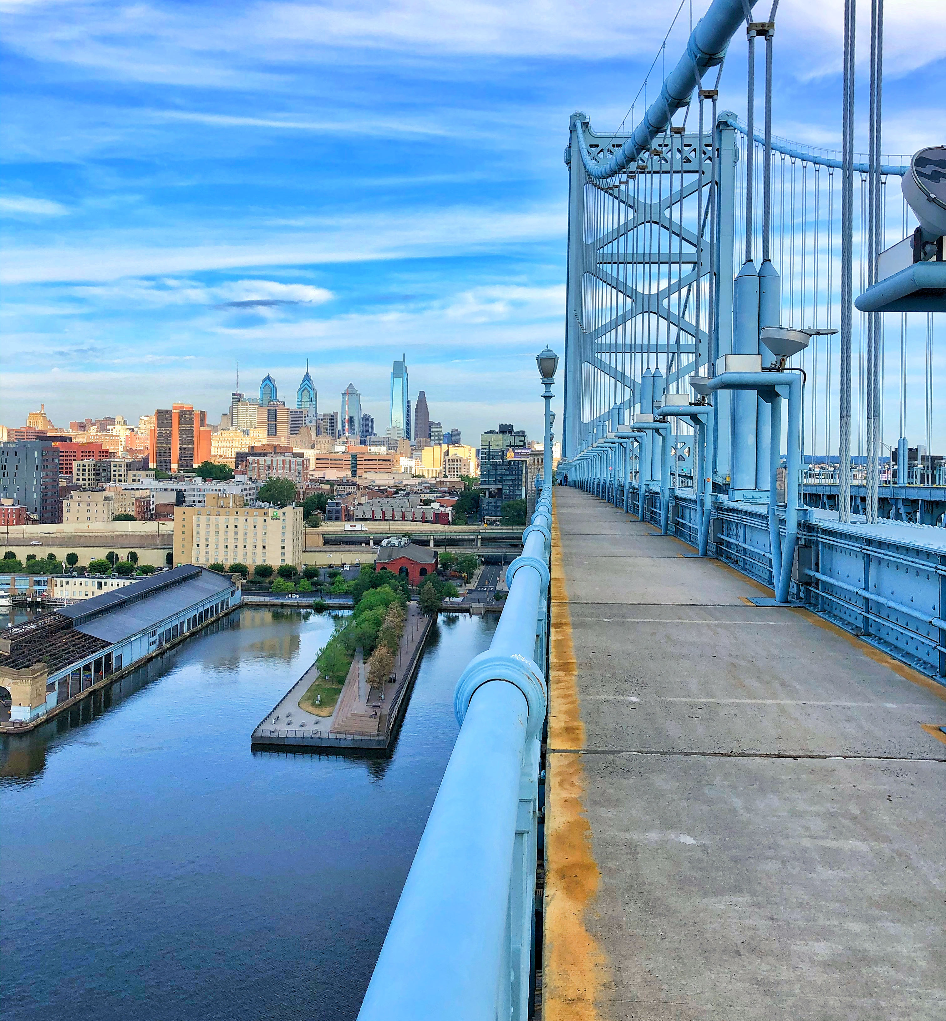 View of downtown Philadelphia, Race Street Pier and Cherry Street Pier from Ben Franklin Bridge