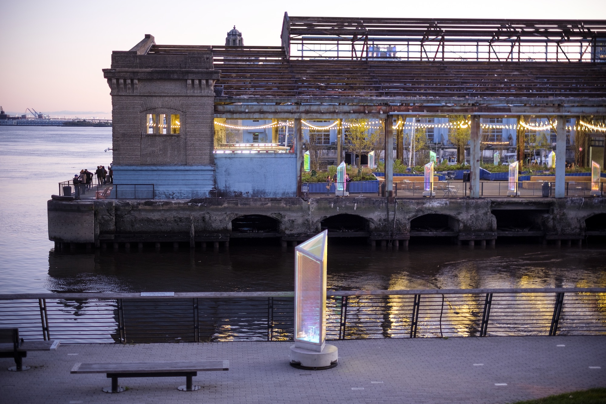 Exterior of the Cherry Street Pier at sunset