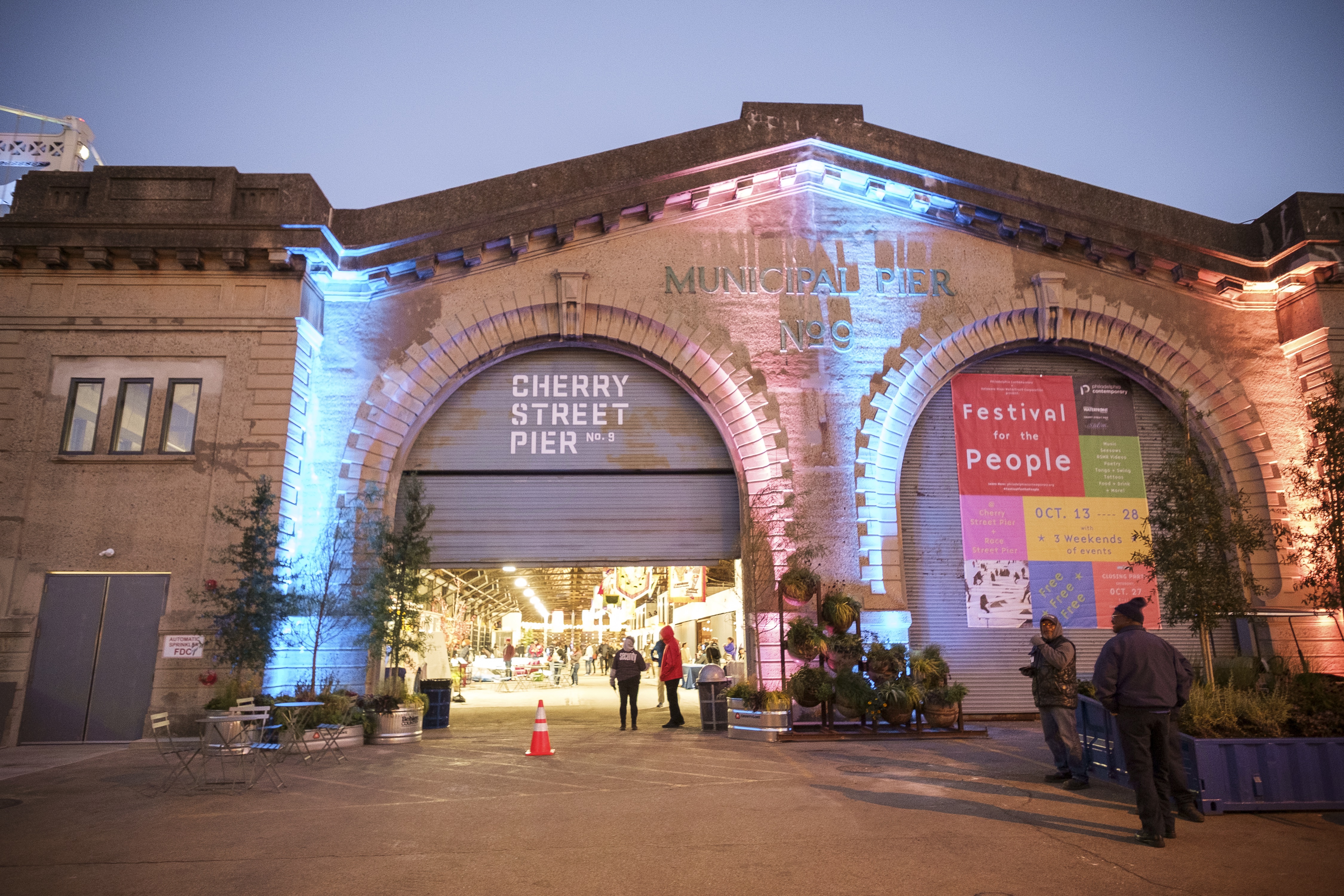 The lit up exterior of Cherry Street Pier for the Festival for the People.