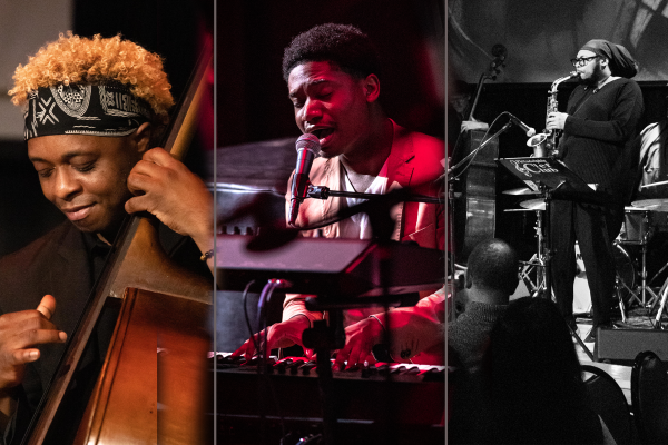 A photo collage of three musicians - a bassist, a singer/keyboardist, and a saxophonist